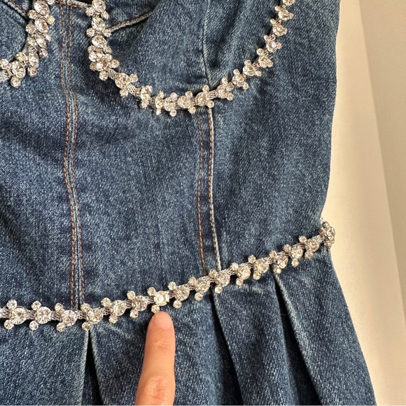 Self Portrait Crystal Diamante Embellished Denim Mini Dress - Picture 6 of 8